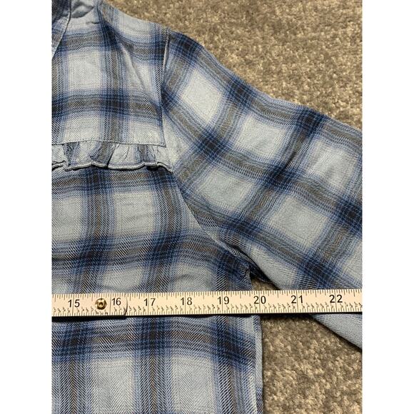 Bass Button Up Top Women Size M Blue Plaid Ruffle V Neck 3/4 Sleeve 100% Rayon - Picture 9 of 11
